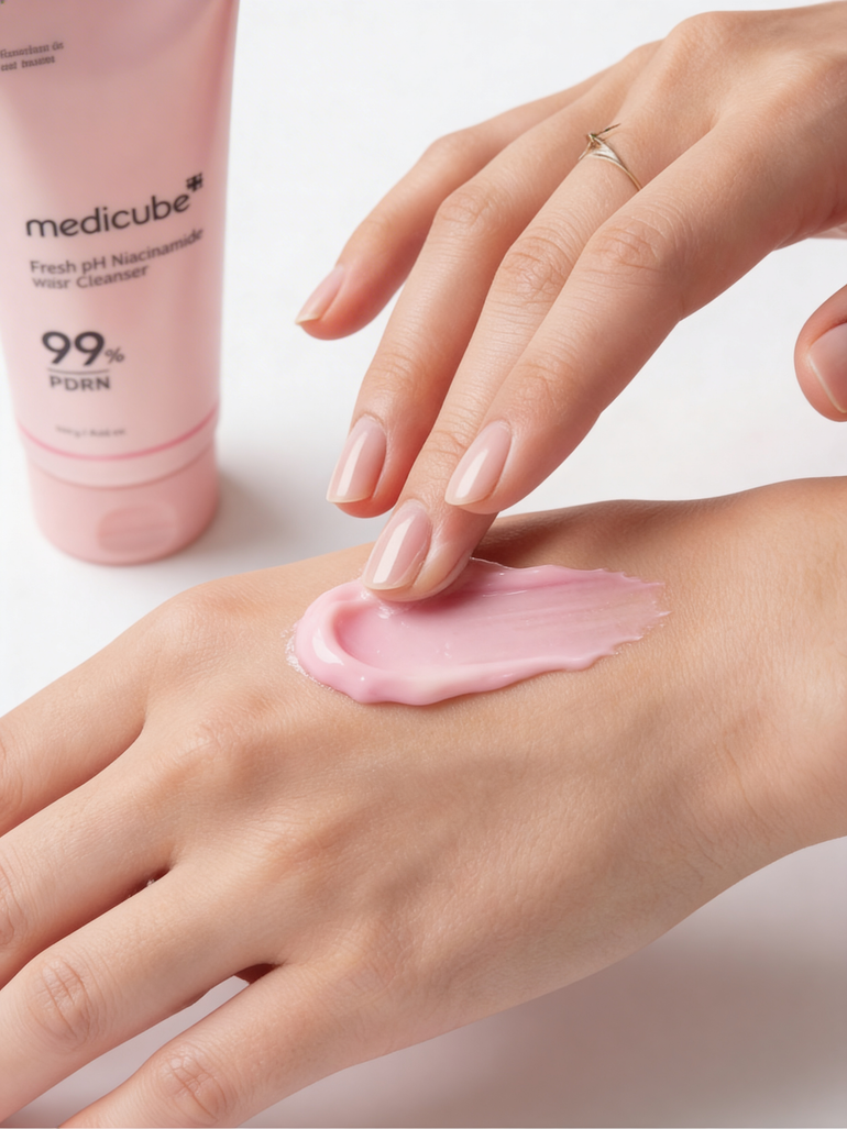 Medicube PDRN Pink Niacinamide Whip Cleanser Model Hand Application Korean Skincare
